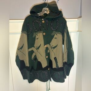 Vintage horses rider knit hooded button up cardigan / cloak